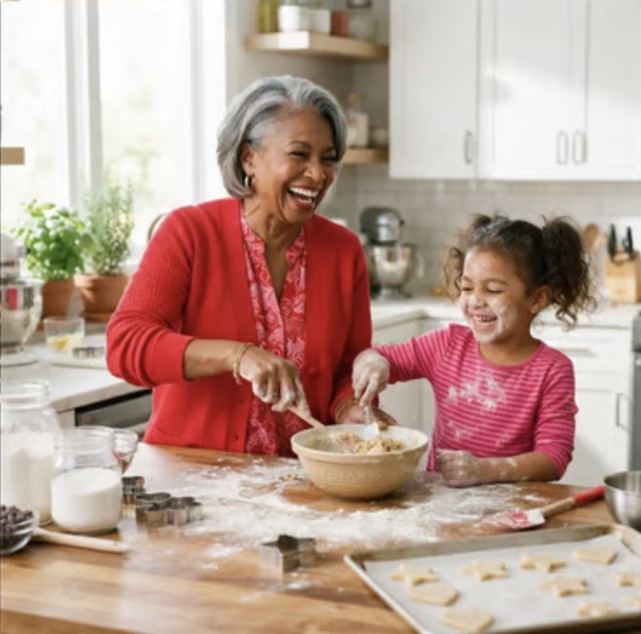 A girl standing on a chair at a kitchen bench, baking beside a woman