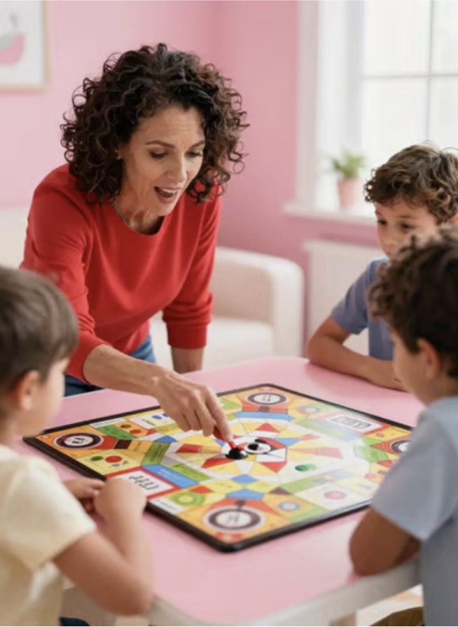 A woman leaning over a table, three children around a board game