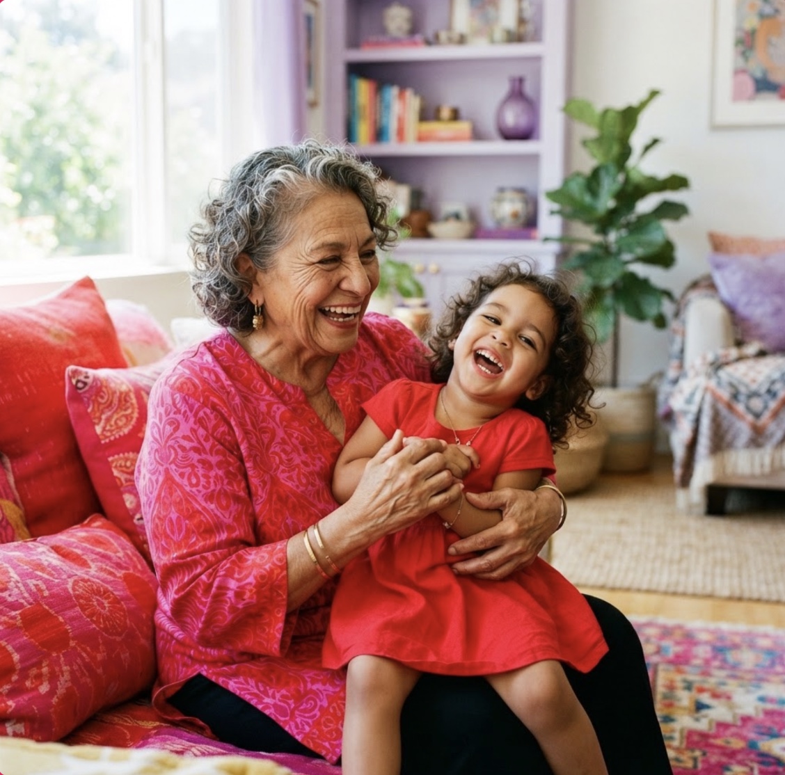 A woman in pink on a sofa, a laughing girl on her lap