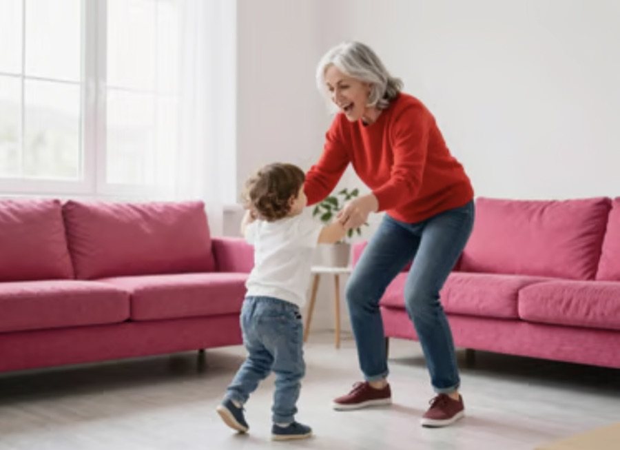 A woman and a child dancing in a front room