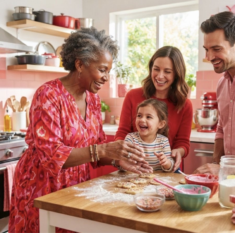 A grandmother, a mother and a father around a kitchen bench