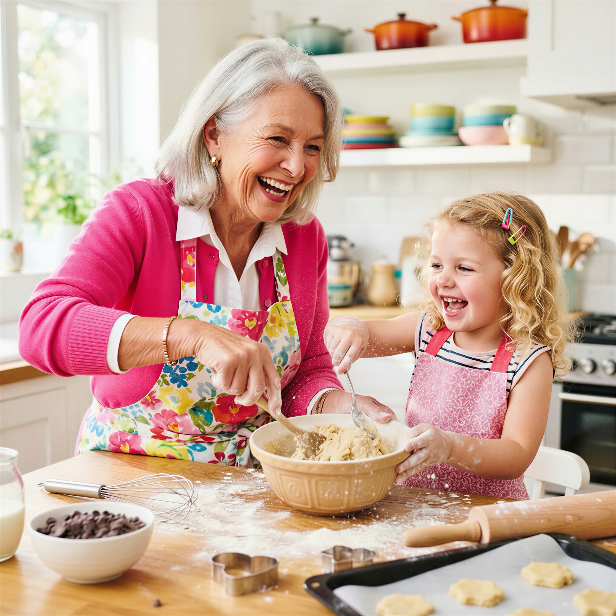 A Mima and a small girl mixing dough, flour across the bench