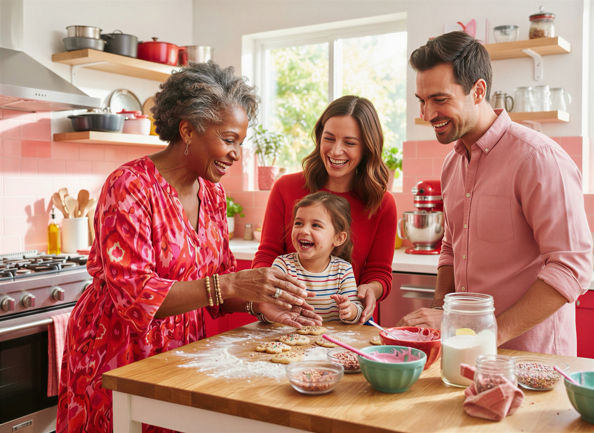 A Mima, a mother and a father around a kitchen bench with a girl, icing biscuits
