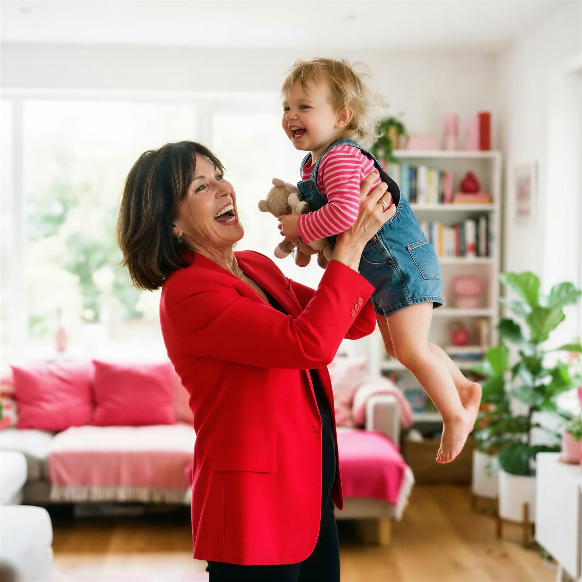 A Mima lifting a laughing toddler above her head in a bright front room