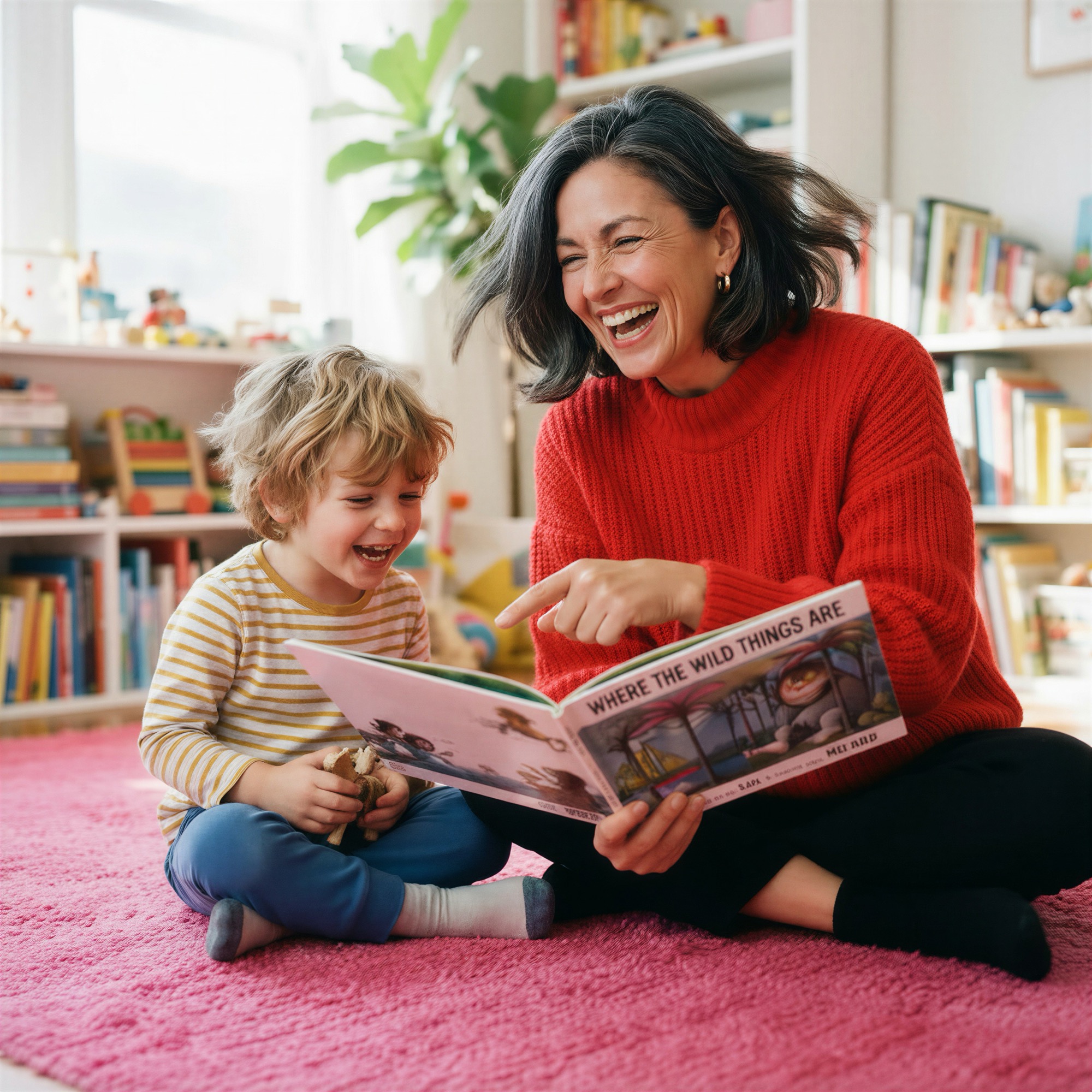 A Mima and a small boy reading on the floor of a playroom, the shelves behind them in order
