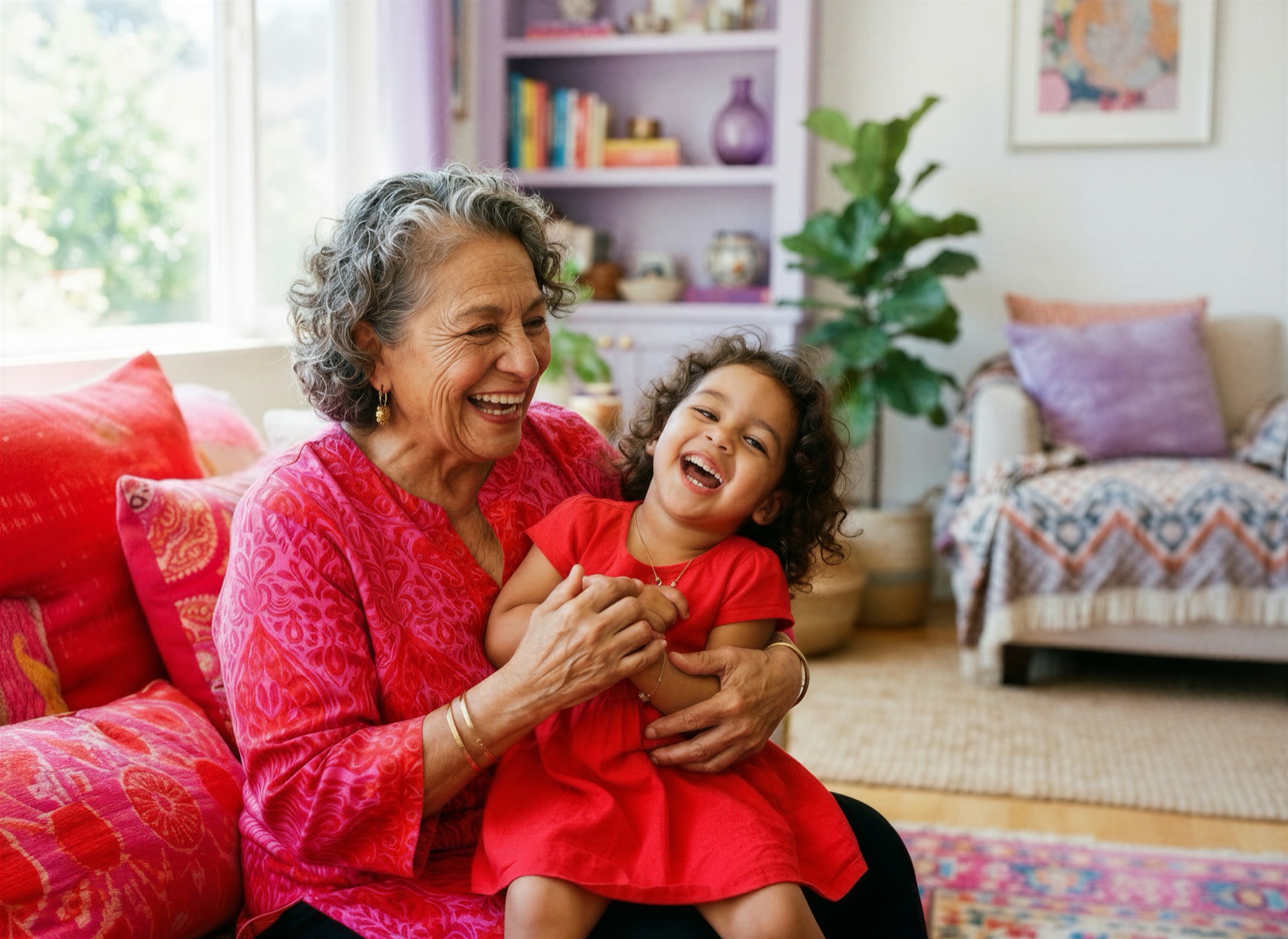 A Mima on a sofa with a small girl laughing on her lap