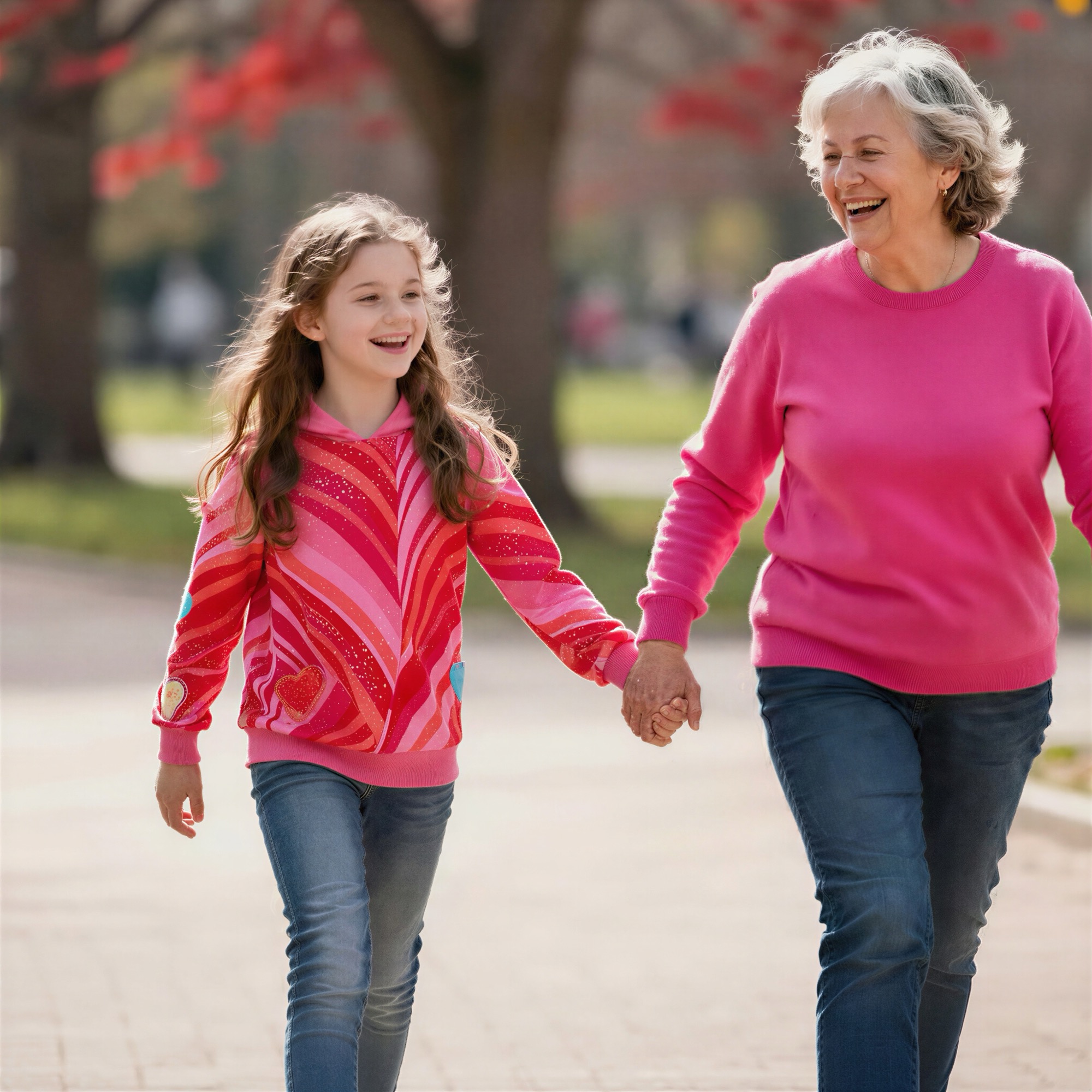 A Mima walking home hand in hand with a girl of about nine in a pink and red patterned jumper