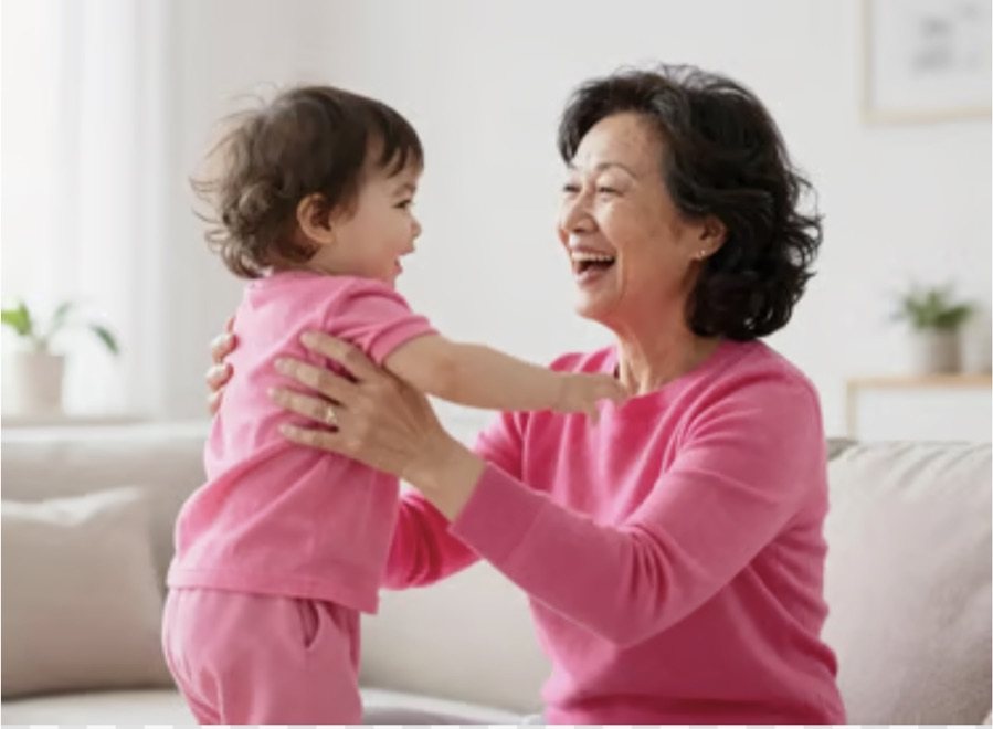 A woman lifting a baby above her head