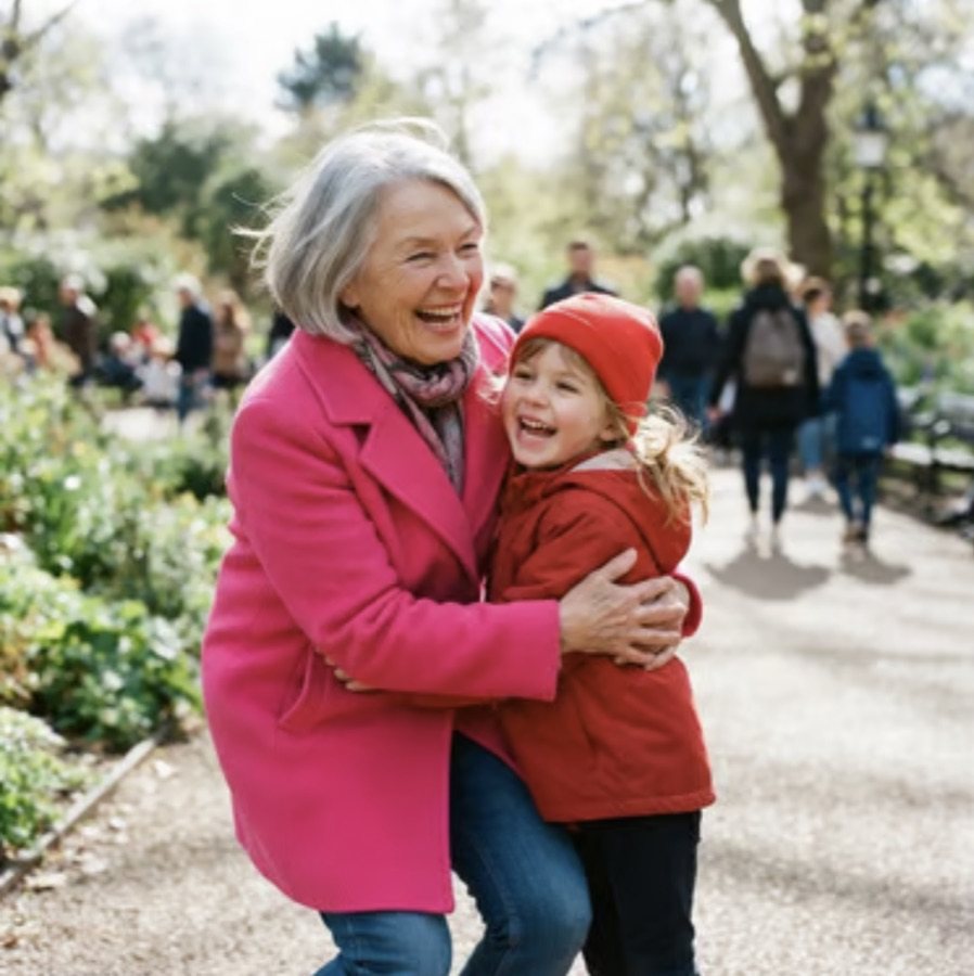 A woman in pink laughing, a small girl in a red hat in her arms