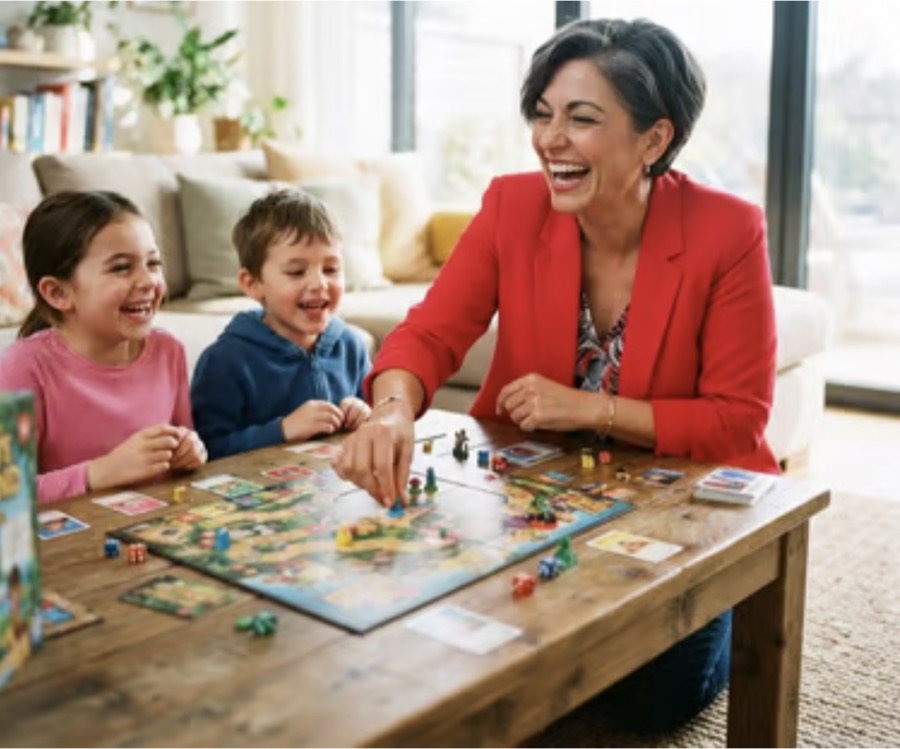 Two children and a woman over a board game at the dining table