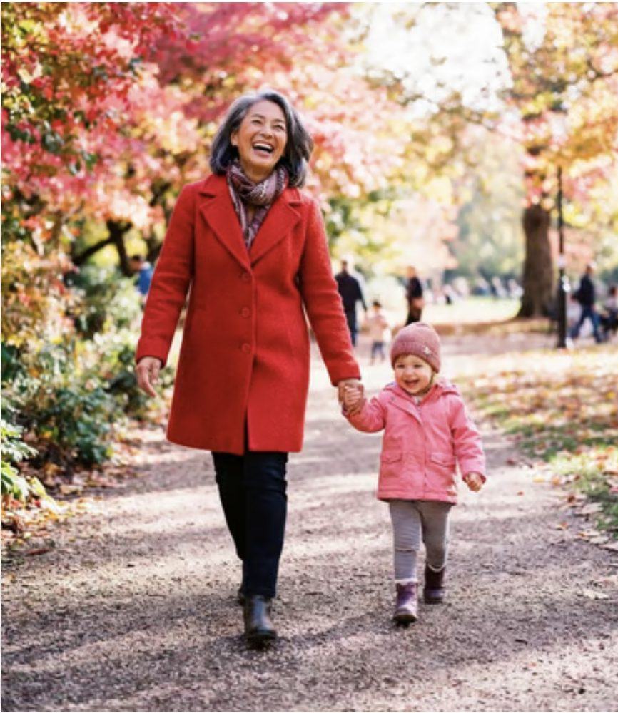 A woman walking hand in hand with a toddler