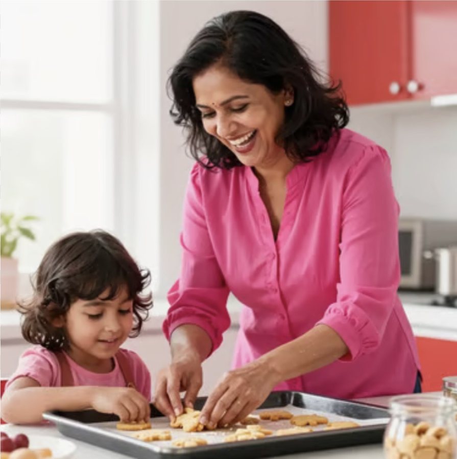 A woman and a girl lifting a tray of biscuits together